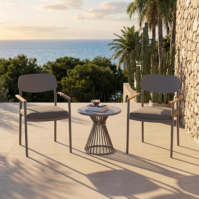 Modern Shade Lusso Outdoor Dining Chairs Set of 2, Fade Resistant, All-Aluminum Outdoor Chairs with FSC Teak Wood Armrests, Weather-Resistant Patio Chair with Quick Dry Cushion, Gray