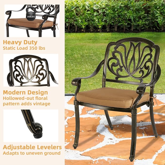 5-Piece Outdoor Patio Dining Set, All-Weather Cast Aluminum Patio Furniture Set for Backyard Garden Deck with 4 Chairs, 4 Cushions and 35.4” Square Table, 2.2" Umbrella Hole