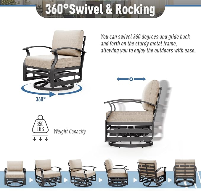 Kurapika Aluminum Patio Furniture Set 7-Seat Modern Outdoor Conversation Sets w/Swivel Rocking Chairs with Rectangular Coffee Table, Sand