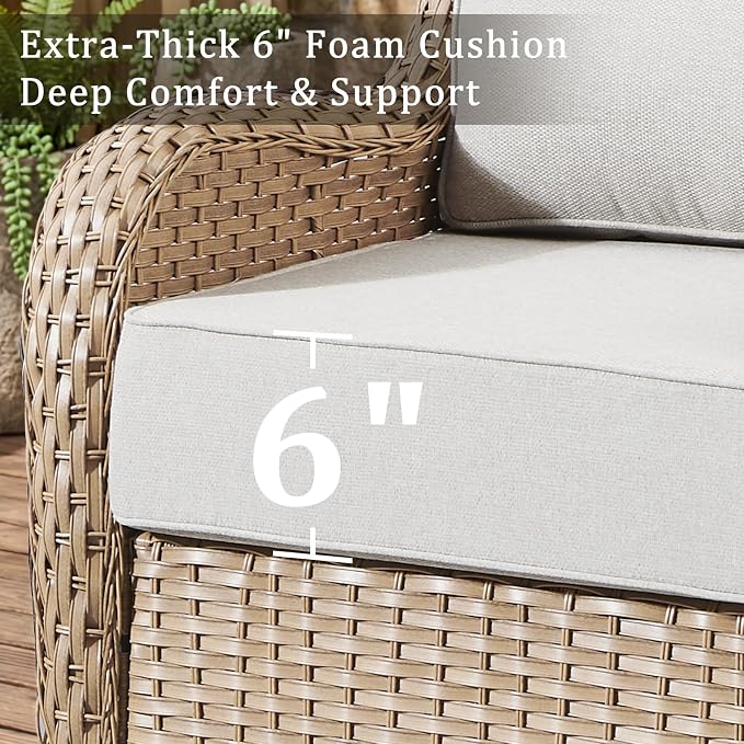 Luxury High Back Outdoor Furniture with 6-Inch Thick Cushions, Patio Furniture Set with Ottomans, 5 PCS Wicker Conversation Set for Porch, Balcony, Deck and Yard
