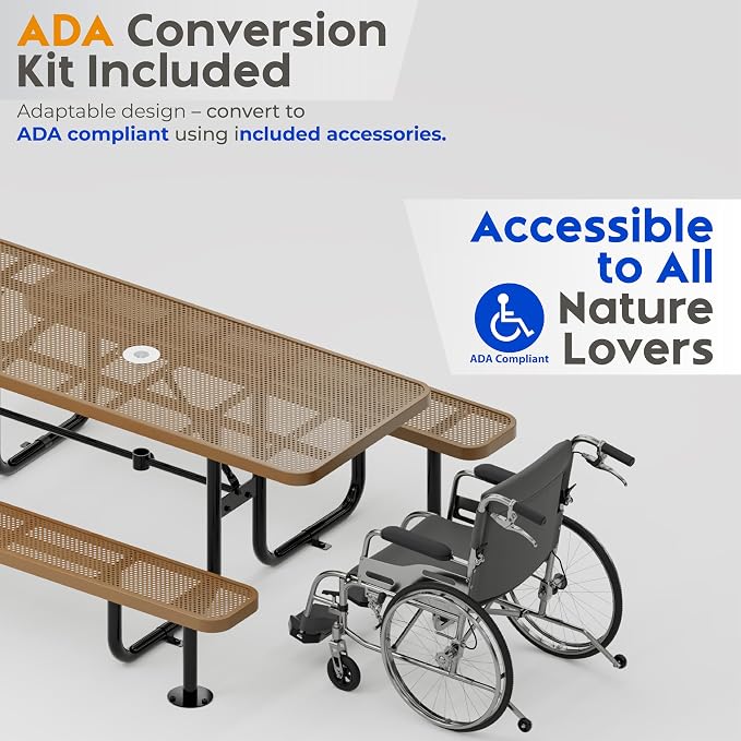 Commercial Heavy-Duty Metal Picnic Table - ADA Compliant, Adjustable Seats, Umbrella Hole (Brown, 8' Rectangular, Punched Steel)