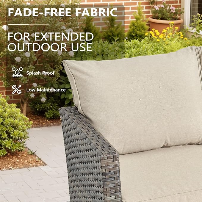 CAODOC 7-Piece Outdoor Wicker Patio Set with 7 Seats, Including 53" Fire Pit - Swivel Rocker Chairs and Conversation Set for Backyard or Lawn, Gray Rattan with Waterproof Beige Cushions