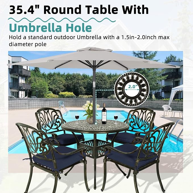 MEETWARM 5 Piece Outdoor Furniture Patio Dining Set, All-Weather Cast Aluminum Patio Table and Chairs Set- 4 Cushioned Chairs, 1 Round Dining Table with Umbrella Hole for Backyard, Navy Blue