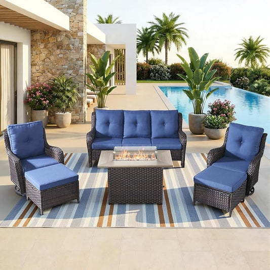 Patio Furniture Set with 41" Fire Pit Table - High Back Patio Conversation Set with 4 Inch Thick Cushions and Deep Seating Swivel Glider Chairs & Outdoor Couch for Porch Deck Yard Pool Brown