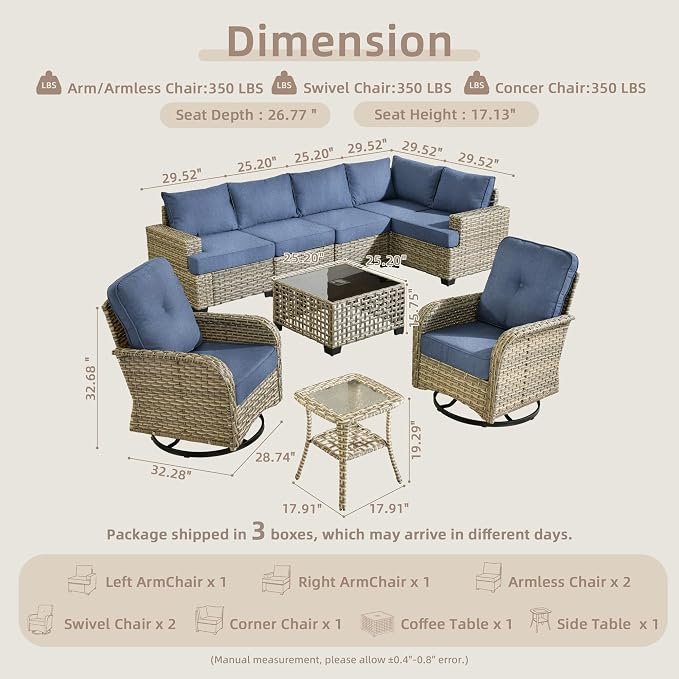 CAODOC 9 Piece Patio Furniture All Weather 7-Seater Outdoor Sectional Sofa with Patio Swivel Chairs and Solar Powered Coffee Table for Porch,Garden,Backyard,Deck(Light Blue)