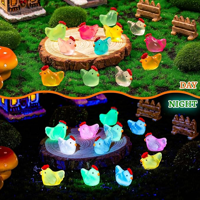 64PCS Luminous Mini Resin Chicken Figurines 8 Colors Tiny Chickens | Miniature Chickens Animals Figurines Glow in The Dark, Micro Landscape DIY, Home Outdoor Party Decor