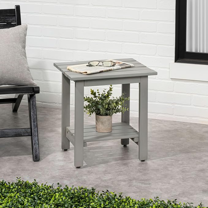 JONATHAN Y Kellie 16" Modern Gray Acacia Wood Outdoor Side Table with 2-Tier Storage, Weather-Resistant Rectangular Slatted End Table for Patio, Garden, Deck, and Porch END6001G