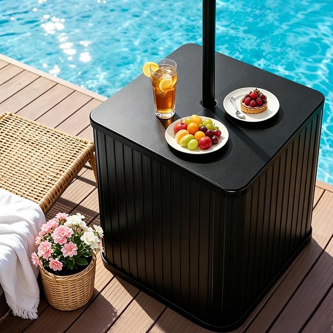 Outdoor Umbrella Side Table, 2 in 1 Outdoor Side Table with 1.5-1.6" Umbrella Hole, 16 Gallon Fillable Umbrella Base Stand Table, Square Modern Patio Side Table for Yard Porch Poolside Deck Balcony