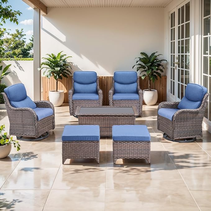 Outdoor Swivel Rocker Patio Chairs Set of 4 with Ottoman Coffee Table - 5" Thick Cushion 7 Piece Furniture Set All Weather Comfortable Wicker Conversation Set for Porch Deck - Brown/Blue