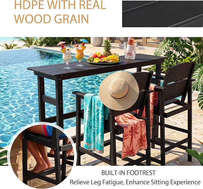4 Pack Outdoor Bar Stools, HDPE Patio Bar Chairs with Armrests & Footrest, Weather Resistant All-Weather Counter Height Chairs for Outdoor Deck, Backyard, Poolside,Black