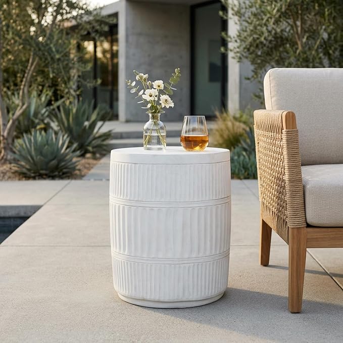 Concrete Patio Side Table, Fluted, Antique White