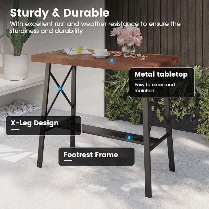 DIFY 40.5” Outdoor Bar Table, Patio Bar Height Pub Table, Long Narrow Bar Table with Sturdy Metal Frame for Bistro, Balcony and Garden, Walnut