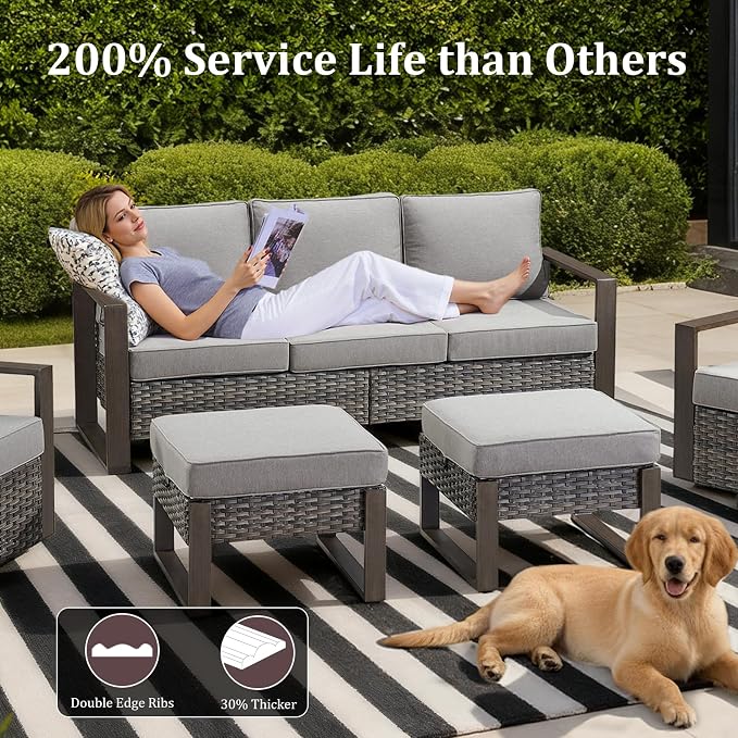7-Piece Outdoor Patio Furniture Set with Swivel Chairs & Rattan Chairs, All-Weather Wicker Sofa Set for Garden, Yard, Porch and Poolside Seating, Grey/Grey