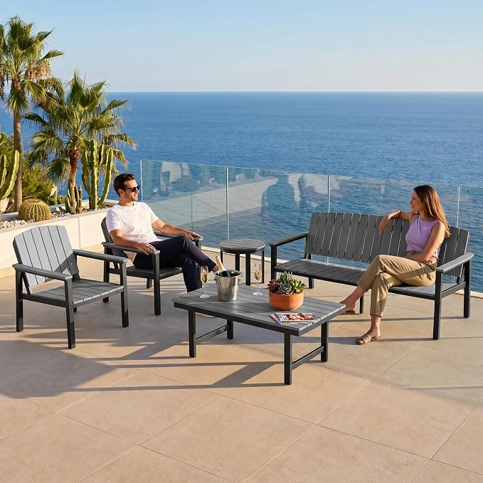 Aluminum Patio Furniture Set, Outdoor Furniture Set 5 Pieces Aluminum Frame HDPS Faux Wood, All Weather Conversation Set for Backyard, Garden, Poolside Grey