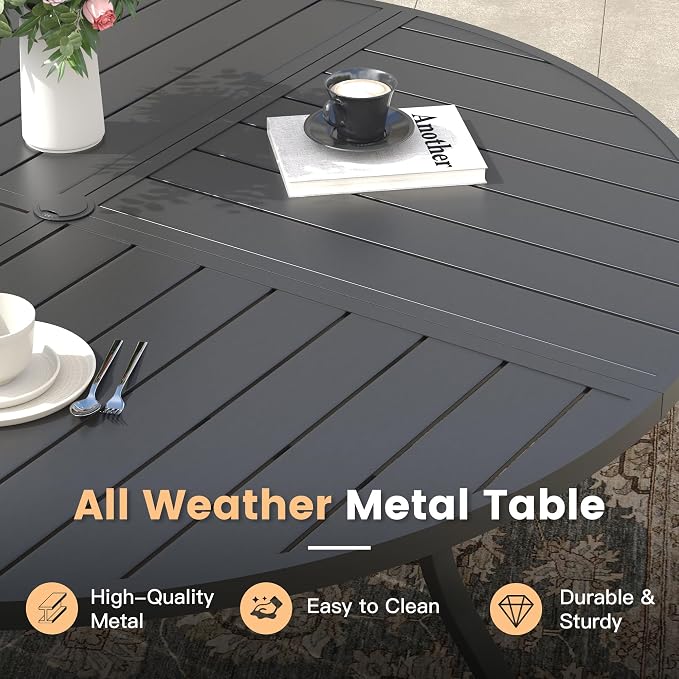 Outdoor Dining Set for 8, 60.1" Metal Round Outdoor Dining Table with Umbrella Hole and Sling Patio Swivel Chairs, 9 Pieces Patio Table and Chairs Set for Garden Backyard, Mixed Brown and Black