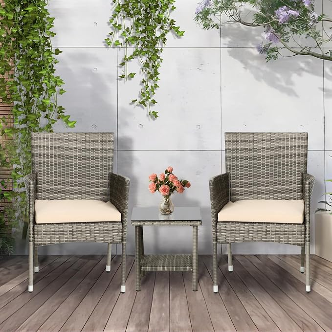 PayLessHere Set of 3 Outdoor Furniture Set Patio Furniture Set Gray Conversation Set with 2 Rattan Chairs Glass Coffee Table for Coffee Bar Poolside Patio Outdoor, Khaki Cushions