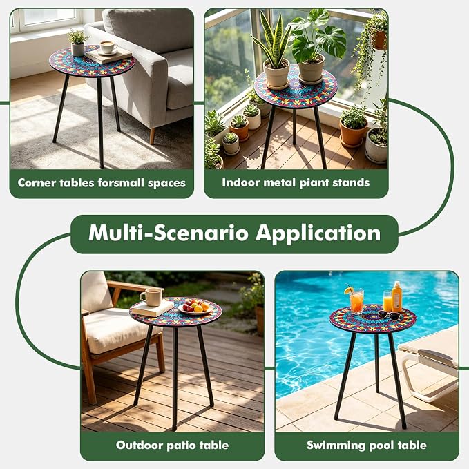 2 Pack Metal Mosaic Round Side Tables 13.4" Small Outdoor Patio Round Accent Coffee Tables Indoor Corner Stand for Small SpacesWeather-Resistant for Balcony, Porch Plant Stands Indoor, Rainbow Mandala