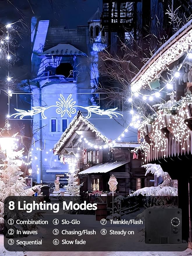 Solar String Lights Outdoor 2 Pack 200 LED Solar Christmas Light Cool White | 8 Lighting Modes, Memory Function, Auto On/Off, 66FT Waterproof Twinkle Lights for Outside Wedding Holiday Party Decorations