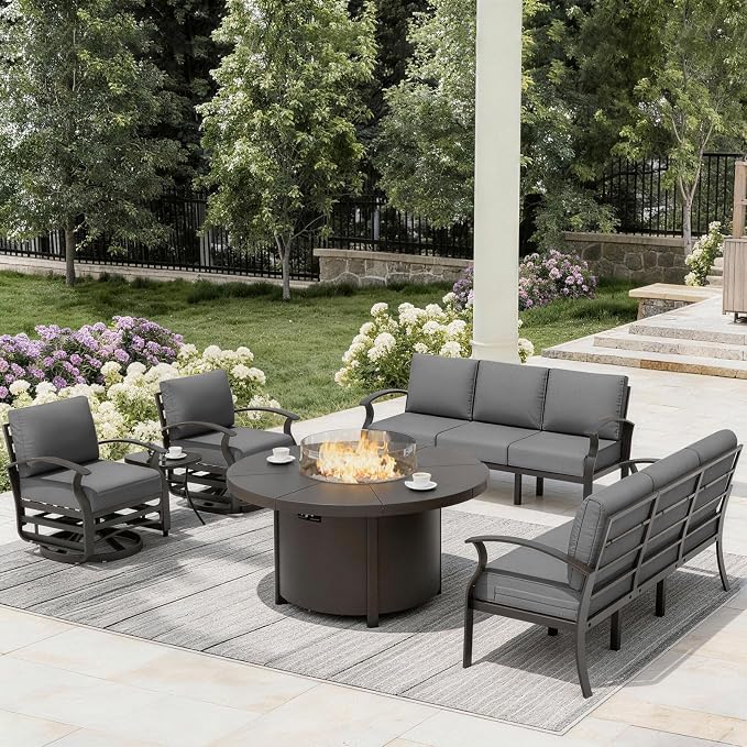 ALAULM Aluminum Patio Furniture Set with Coffee Table Rectangular, 5-seat Outdoor Sectional Furniture w/2 Swivel Chairs, Patio Conversation Set for Porch, Backyard, Poolside-Grey