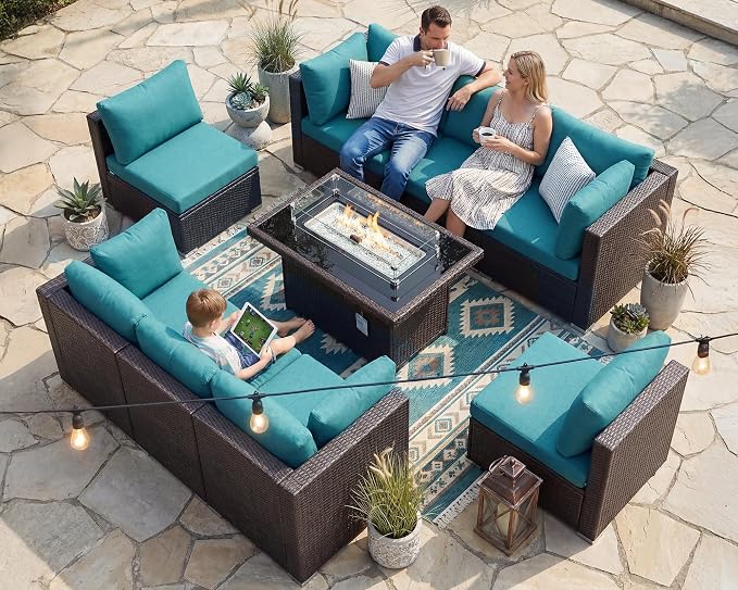 BULEXYARD 9 Pcs High Back Outdoor Sectional Set with Firepit Table, High-End Patio Furniture Seating Set, Big Oversized Wide Deep Modular 8-Seater Couch Sofa for Backyard, Brown Wicker & Teal Cushion