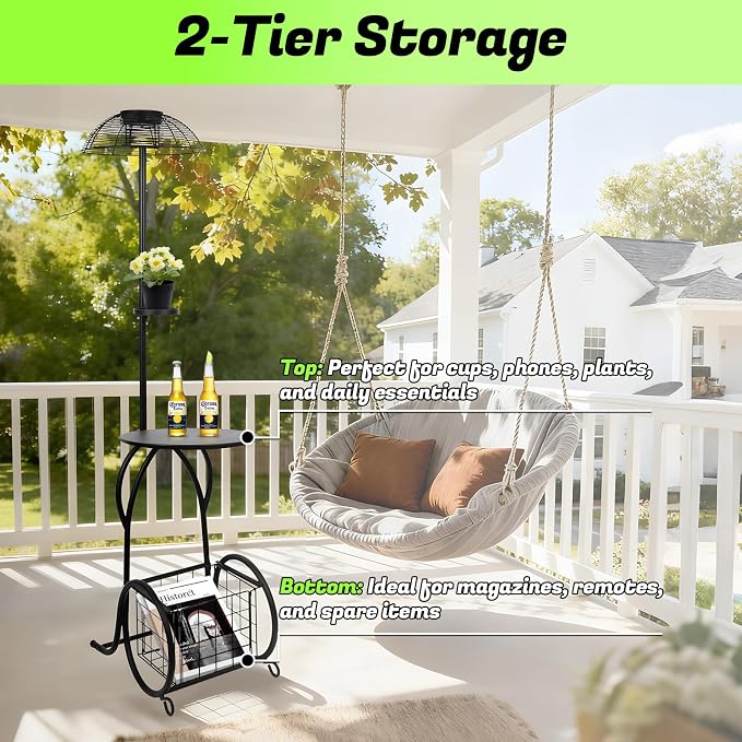 Solar Outdoor Coffee Table with Light, 52.5'' Black Metal Patio Coffee Table, Waterproof IP65 Solar Side Table with Auto Lighting & USB Charging, Outdoor Plant Stand for Patio Porch Backyard Poolside