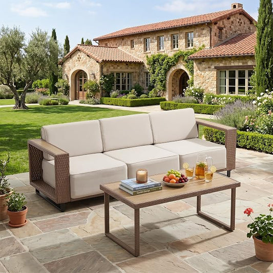 Bonzy Home 2 Piece Patio Furniture Set, 3 Seater Couch with Rattan Side Table and Extra-Thick Soft Cushions, Patio Conversation Sofa Sets for Porch, Garden Poolside Balcony