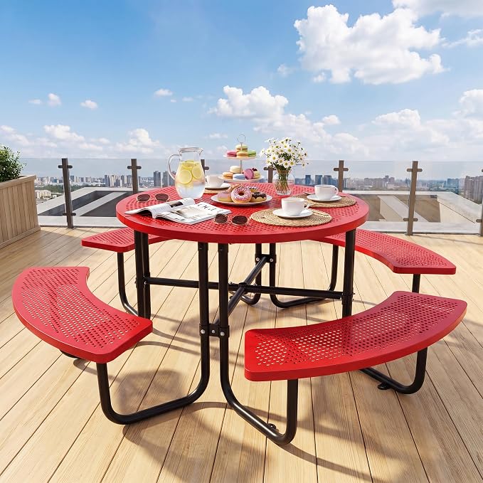 46" Outdoor Round Perforated Picnic Table Metal Camping Table with Umbrella Hole - Heavy Duty Steel Mesh Picnic Bench Set for Backyard Garden Deck, Red