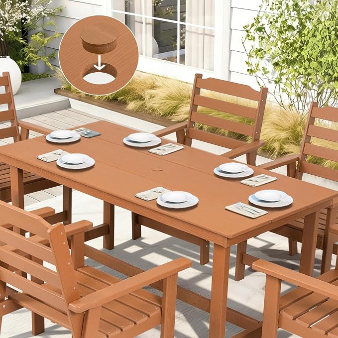 FUNBERRY Outdoor Dining Table, HDPE 6-Person Patio Table with Umbrella Hole | Wood-Grain, HDPE All Weather, No Rot or Rust or Crack, UV Fade Shield, 220LBS Weight Capacity, Easy-Clean for Outside