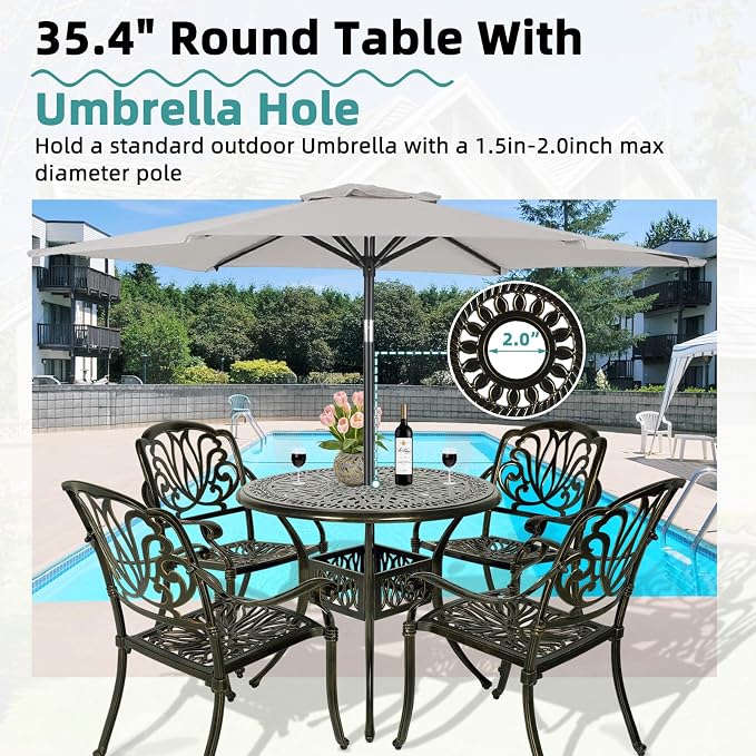 MEETWARM 5 Piece Outdoor Patio Dining Set All-Weather Cast Aluminum Dining Table Chair Set Patio Furniture Set for Backyard Garden Deck, Include 4 Chairs and 1 Round Table