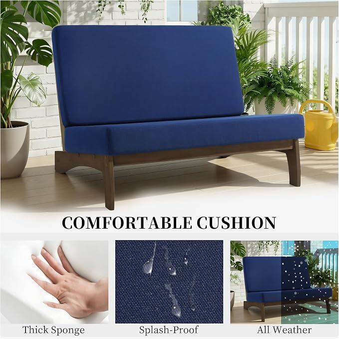 4 Piece Wood Outdoor Patio Frutnire Set, 5 Seater Patio Conversation Sets with Thick Cushions, Outdoor Sectional Furniture with Coffee Table - Navy Blue