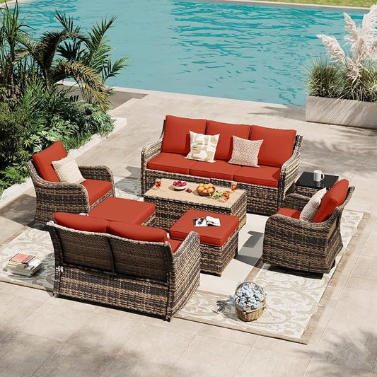 MEISSALIVVE Patio Furniture Set with Swivel Rocking Chairs, 8 Pieces Patio Conversation Set, Outdoor Wicker Sofa Couch with Waterproof Cushions for Lawn Backyard Porch (Red)