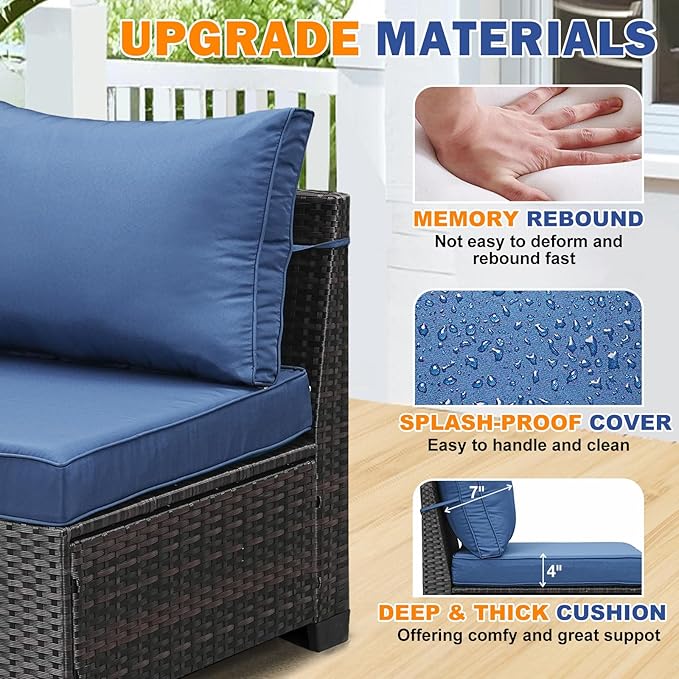 6-Piece Outdoor Patio Furniture Set, Modular Wicker Sectional Sofa with Thick Cushions & Coffee Table, All-Weather Rattan Conversation Set for Backyard, Porch, Poolside, Navy