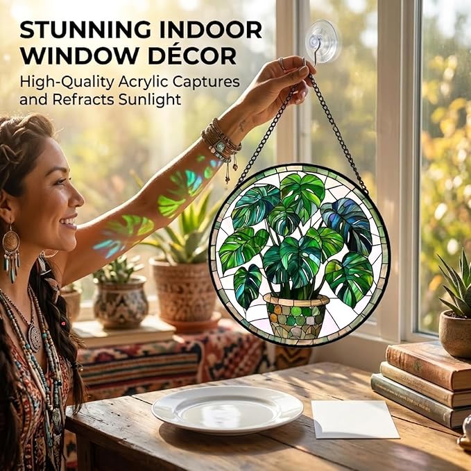 Birthday Gifts for Women - Green Monstera Plant Faux Stained Glass Window Hanging Sun Catcher for Door Garden Acrylic Decor Mother's Day Christmas for Mom Nana Grandma Sisters Wife 6.3"