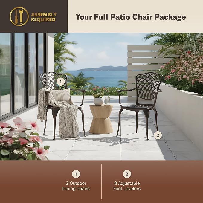 Kinger Home Arden 2-Piece Outdoor Patio Dining Chairs Set of 2, Cast Aluminum Patio Chair Set, All-Weather Resistant Outdoor Dining Furniture, Brown