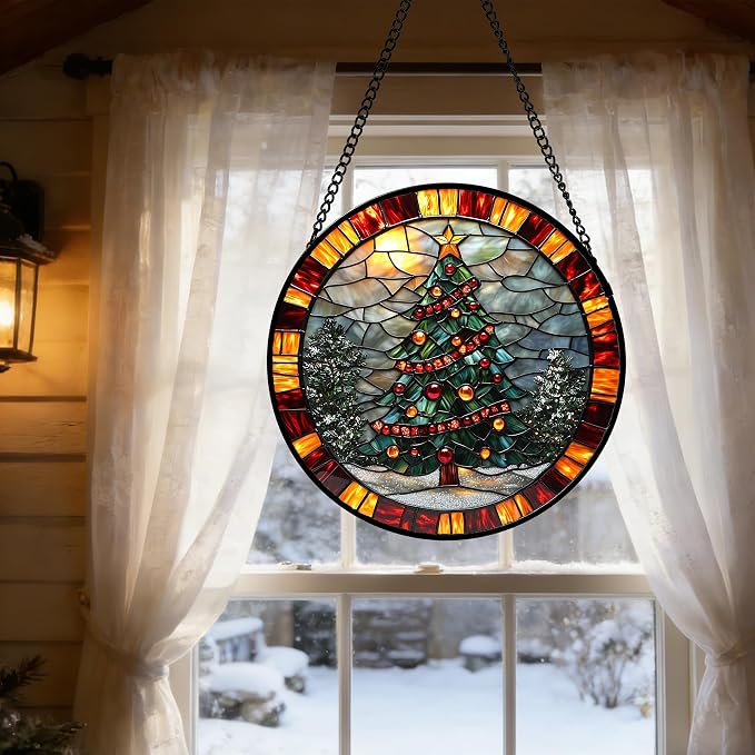 DASTOLL Stained Glass Window Hanging - Winter Christmas Tree Suncatcher Ready to Hang Window Doors Home Decoration, Christmas, Mother's Day Birthday Gifts for Women, Men, and Mom 14.9x14.9 in