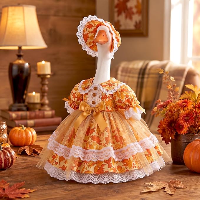 Soulchen Fall Yellow Maple Leaf Porch Goose Outfits for 23 Inch Goose Clothes with Dress and Bonnet for Outdoor Garden Yard Lawn Entrance Decor