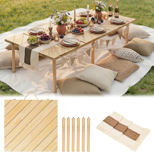 60 x 30'' Folding Picnic Table, Boho Low Picnic Table with Table Runner, No Assembly Required Camping Table Beach Table for Indoor Outdoor Camping, Wedding, Beach, Garden, Party