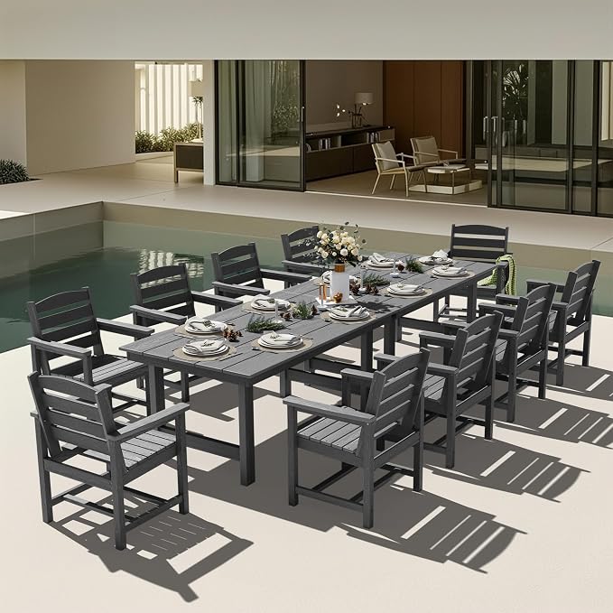 KINGYES 12 Piece Patio Dining Set, HDPE Outdoor Table and Chairs Set with Umbrella Hole, Gray
