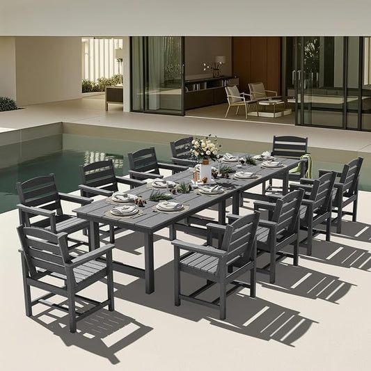 KINGYES 12 Piece Patio Dining Set, HDPE Outdoor Table and Chairs Set with Umbrella Hole, Gray