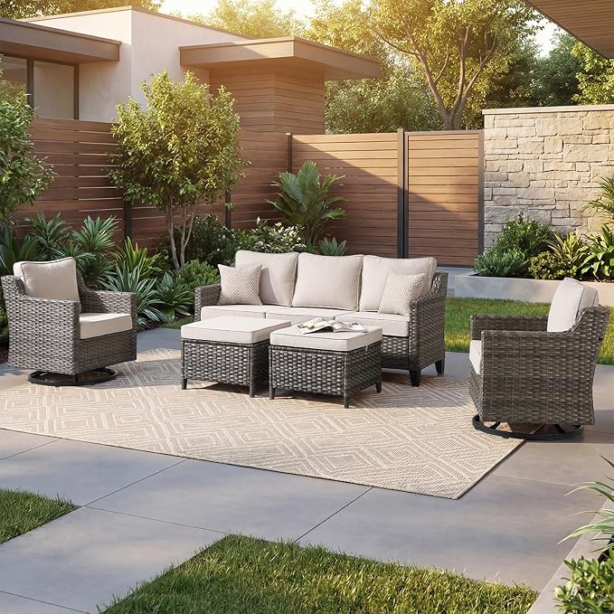 Outdoor Furniture Set of 5, Patio Chairs with Luxury 4" Cushion, Wicker Swivel Rocker Patio Chairs, and Side Table, High Back&Deep Seat for Garden Deck Porch Balcony Backyard - Beige