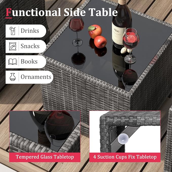 KOTEK 3 Piece Patio Furniture Set, Outdoor PE Rattan Conversation Set with Washable Cushions & Tempered Glass Tabletop, Wicker Chairs and Table Set for Porch, Garden, Balcony (Red)