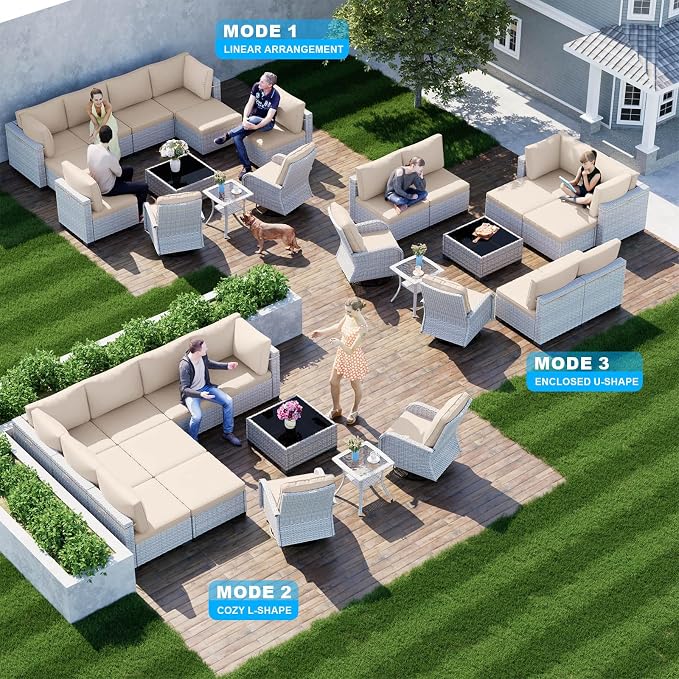 12-Piece Patio Furniture Set, Outdoor Patio Furniture with Swivel Chairs Set, Ottomans, Modular Patio Sofa, Dual-Strand Wicker Rattan, Rust-Resistant Frame, Khaki