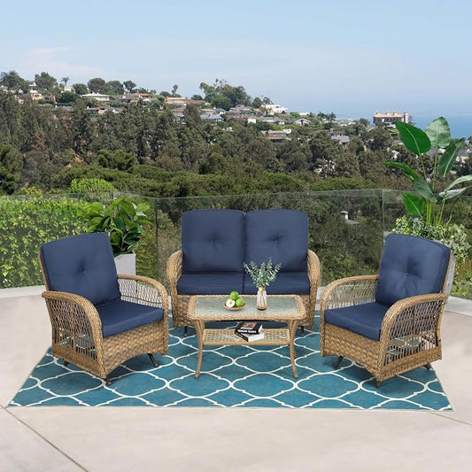 VIVIJASON 4-Piece Outdoor Patio Wicker Conversation Sets, All Weather Outdoor Rattan Furniture Set Includes Glider Loveseat, Coffee Table, 2 Glider Rocker Chairs w/Cushion for Lawn Balcony, Navy Blue
