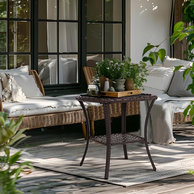 Outdoor Patio Side Table Small Brown Wicker Rattan End Table for Outside Storage Coffee Table with Poly Lumber Table Top for Garden Lawn Pool Porch Deck