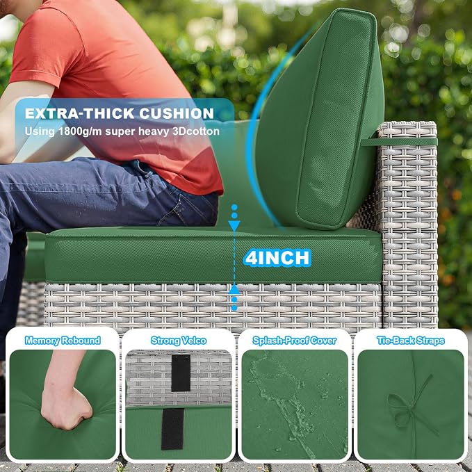 15-Piece Patio Furniture Set, Outdoor Patio Furniture with 55,000 BTU Fire Pit Table, Thick Cushions, Modular Patio Sofa, Dual-Strand Wicker Rattan, Rust-Resistant Frame, Dark Green