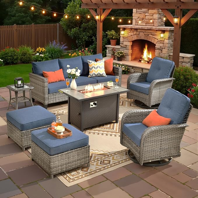 CAODOC 7 Pieces Outdoor Furniture,Patio Furniture with 42" Fire Pit Table,Wicker Conversation Set for Balcony,Deck,Pool and Backyard(Blue)