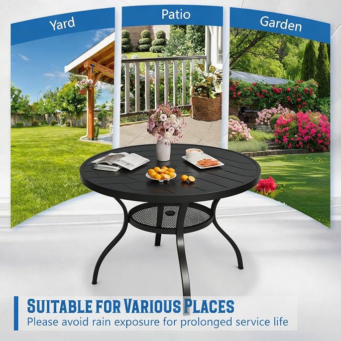 Incbruce Patio Dining Table, 41" Round Table Metal Steel Slat Table with 1.57" Umbrella Hole, for Backyards, Porches, Gardens, or Poolside