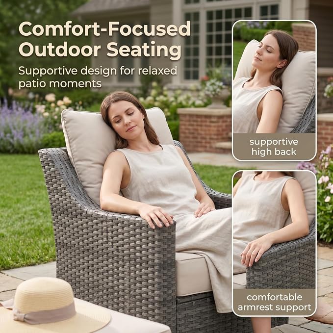 3-Piece Outdoor Patio Furniture Set, Grey Wicker Conversation Set with 2 High-Back Chairs and Side Table, 6-Inch Beige Olefin Cushions for Porch, Deck, Balcony