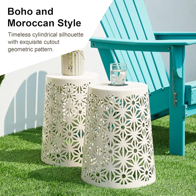 Glitzhome Set of 2 Outdoor Side Table, Iron Cutout Geometric Pattern Solar Powdered Garden Stool, Planter Stand and Solar Lantern for Garden Patio Party Yard Outdoor Indoor Decoration, White