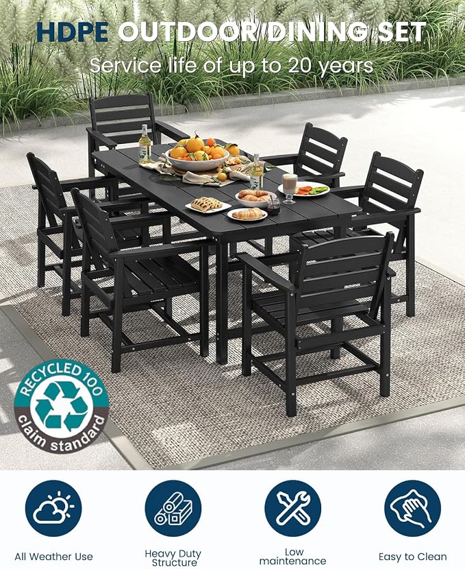 FOOWIN Outdoor HDPE Dining Table Set 7-Piece All Weather Patio Dining Set with Umbrella Hole,Outdoor Patio Furniture Dining Set for 6,Patio Kitchen Table Set for Garden,Backyard,Poolside. Black